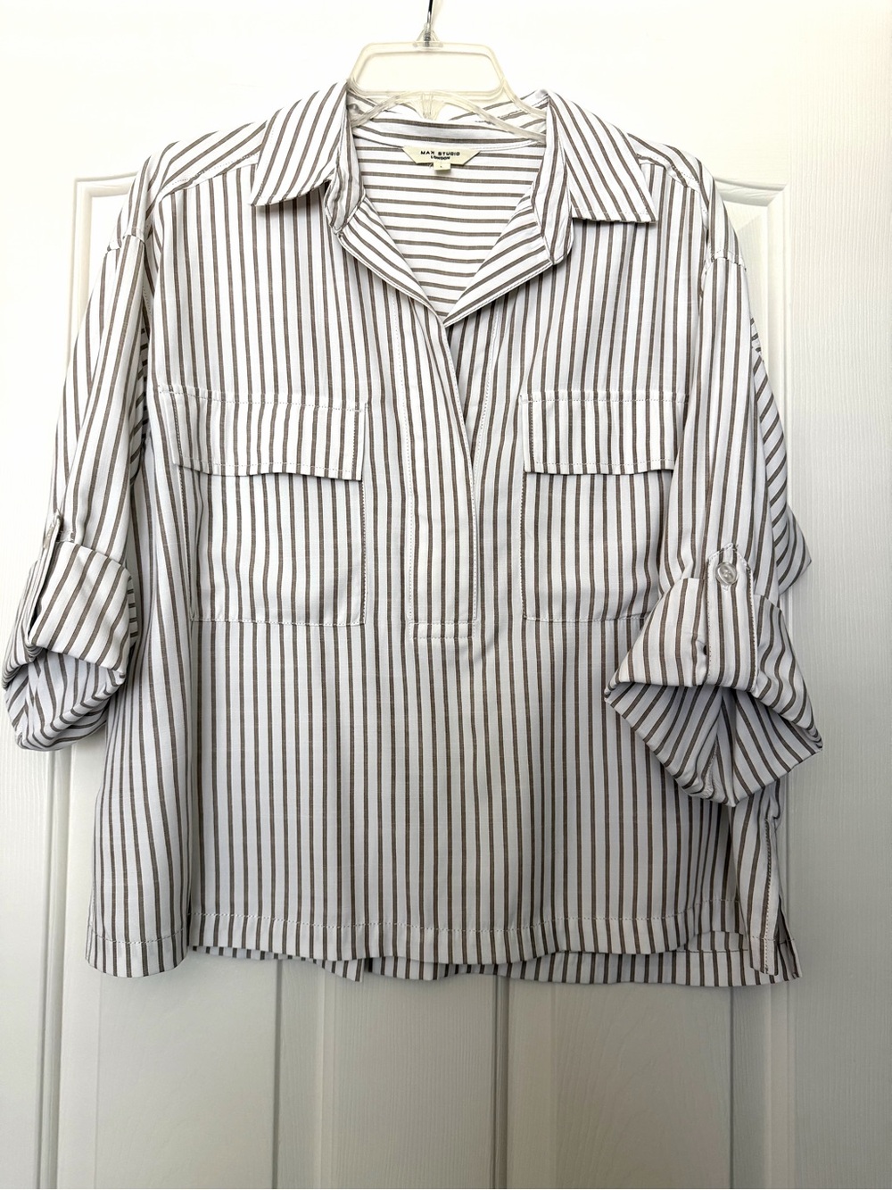 Max Studio White Tunic with Brown Vertical Stripes